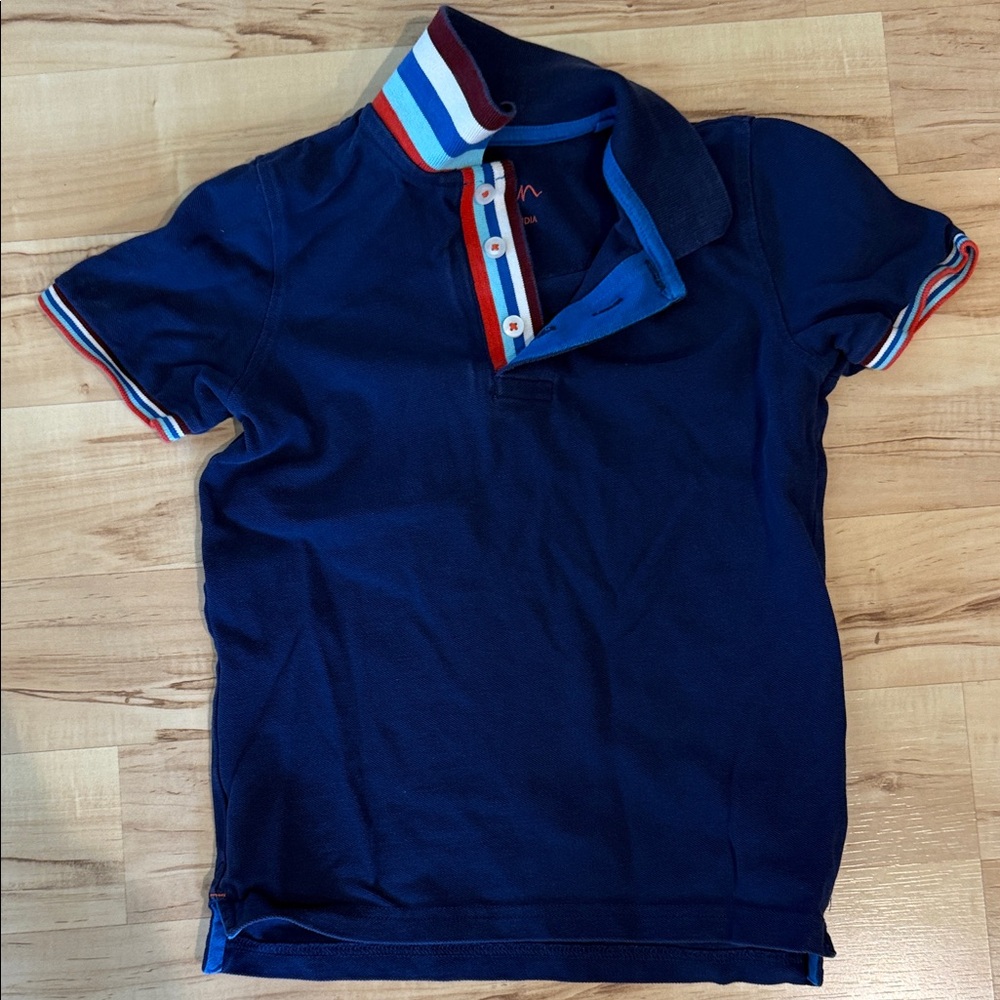 Boden Navy Polo with Red, White & Blue Stripe Trim